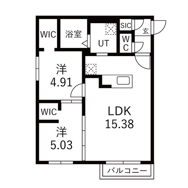 募集元提供の参考間取り図。LDK15.38帖と洋室5.03帖・4.91帖を配した2LDKです。