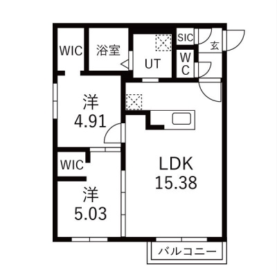 募集元提供の参考間取り図。LDK15.38帖と洋室5.03帖・4.91帖を配した2LDKです。