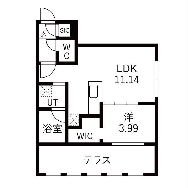 36.33㎡の1LDK。LDK11.14帖・洋室3.99帖にウォークインクローゼットとテラスを備えています。