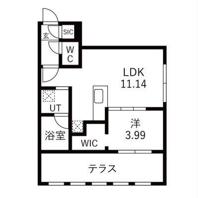 36.33㎡の1LDK。LDK11.14帖・洋室3.99帖にウォークインクローゼットとテラスを備えています。