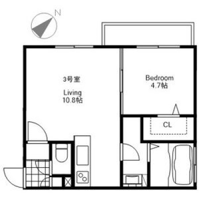 3号室タイプの間取り。10.8帖のLDKと4.7帖の洋室、バルコニーを備えた1LDKです。