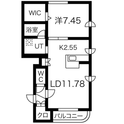 51.85㎡の1LDK。LD11.78帖・K2.55帖・洋室7.45帖、WICとバルコニーのある間取り。