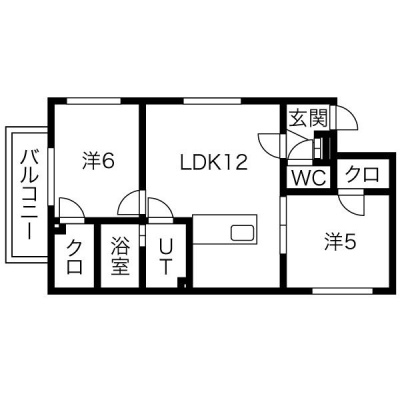 303号室の間取り図。LDK12帖・洋室6帖・5帖、50.04㎡の2LDKです。