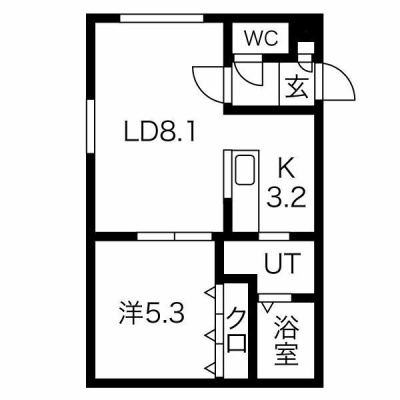 募集元掲載の間取り。LD8.1帖・K3.2帖・洋室5.3帖の1LDK