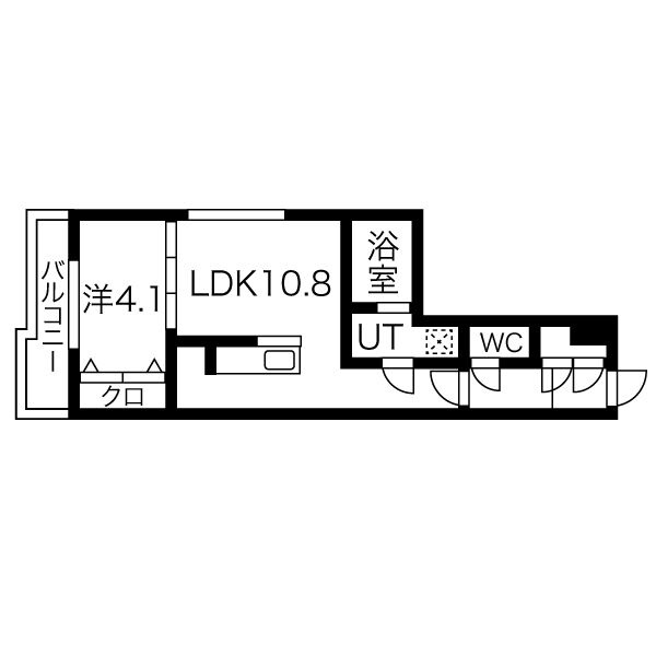 201号室・34.21㎡の1LDK。LDK10.8帖、洋室4.1帖とバルコニーのある間取り。