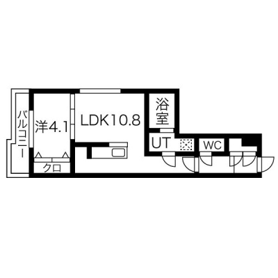 201号室・34.21㎡の1LDK。LDK10.8帖、洋室4.1帖とバルコニーのある間取り。