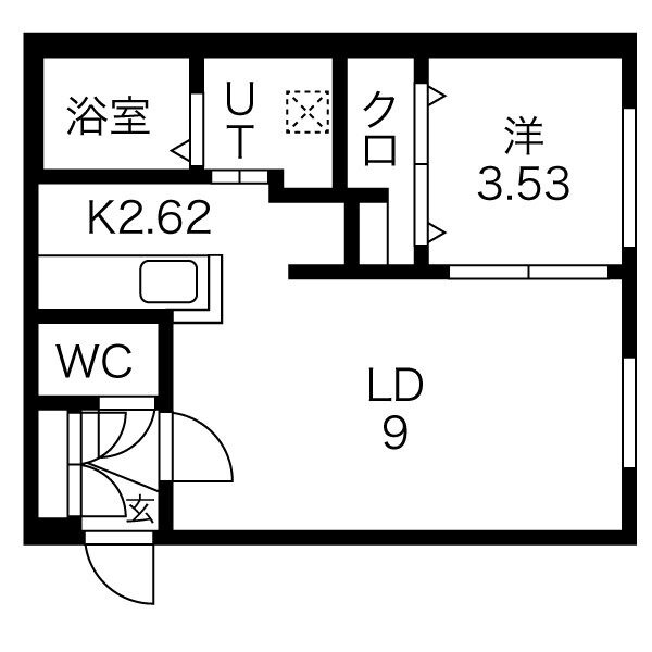 105号室・33.02㎡の1LDK。LD9帖、K2.62帖、洋室3.53帖を配置。