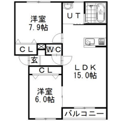 LDK15帖・洋室7.9帖と6帖。66.09㎡のゆとりある2LDKです。