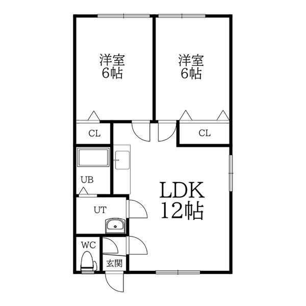 48.6㎡・2LDK。LDK12帖、洋室6帖が二部屋の間取りです。