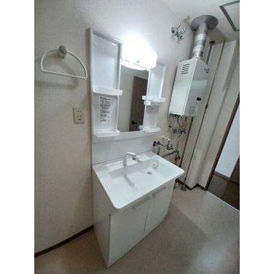 独立洗面台と室内洗濯機置場をまとめた洗面スペースです。