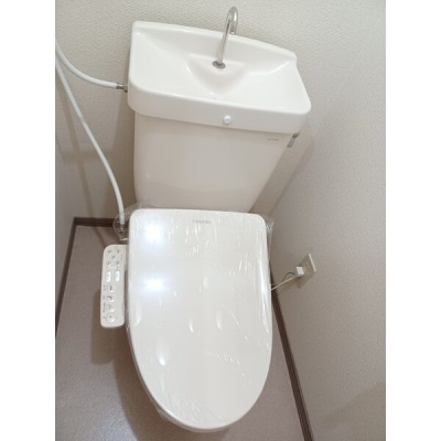 トイレは浴室と独立した空間。手洗い付きのタンクを備えています。