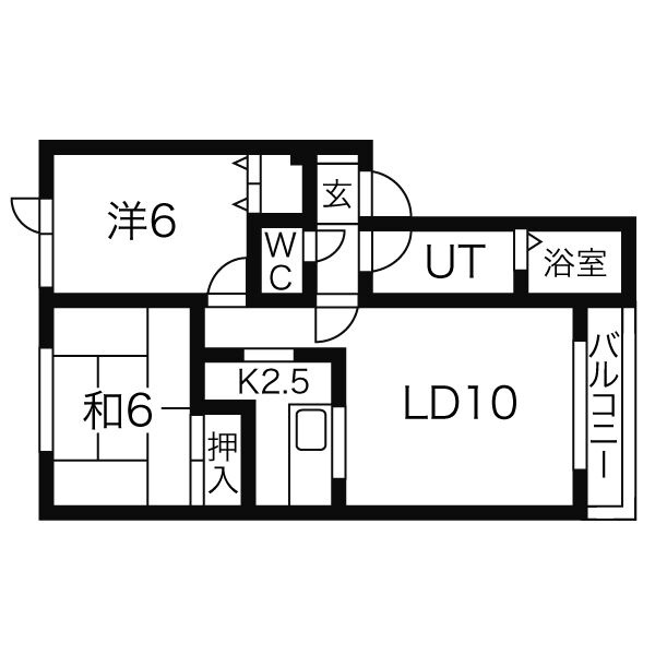 58.33㎡の2LDK。LD10帖・K2.5帖・洋室6帖・和室6帖を配置した間取りです。