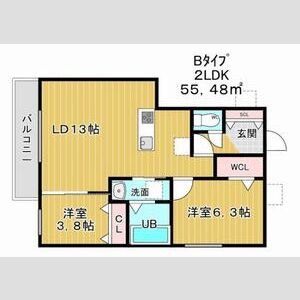 55.48平米・最上階の2LDK間取り