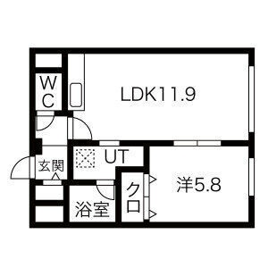 42.2㎡の1LDK。LDK11.9帖・洋室5.8帖