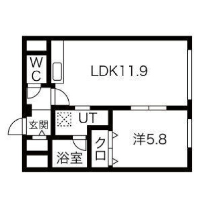 42.2㎡の1LDK。LDK11.9帖・洋室5.8帖