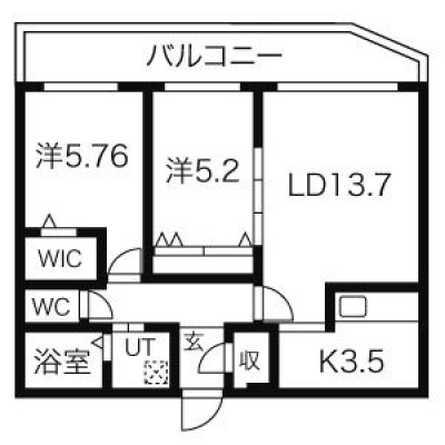 LD13.7帖と洋室2部屋の2LDK