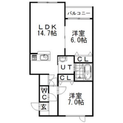 206号室・2LDK実間取り図