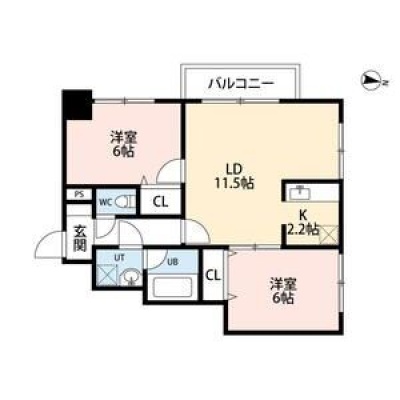 LD11.5帖・洋室各6帖の2LDK