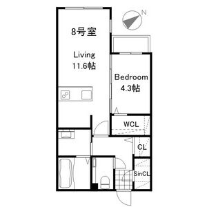 43.35㎡の1LDK。洋室は4.3帖です。