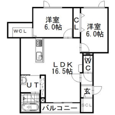 303号室・2LDK／洋室6帖2室とWICを備えた間取り