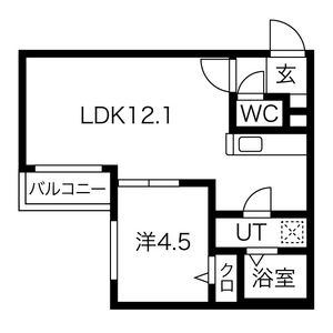 102号室の間取り図。LDK12.1帖と洋室4.5帖。