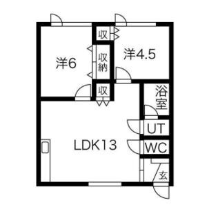 202号室。LDK13帖と洋室6帖・4.5帖の2LDK。