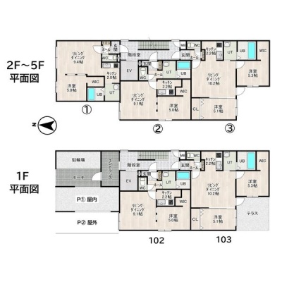 建物各階の配置図・103号室は1階