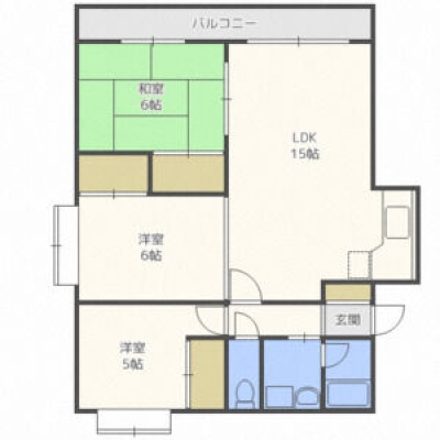 3LDK。LDK15帖・和室6帖・洋室6帖・洋室5帖。