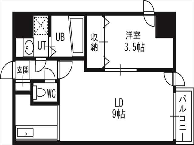 401号室の1LDK間取り図。洋室収納とバルコニー付き