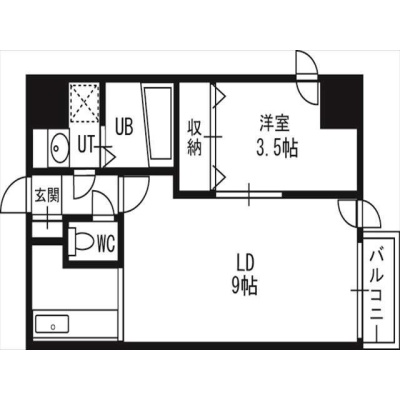 401号室の1LDK間取り図。洋室収納とバルコニー付き