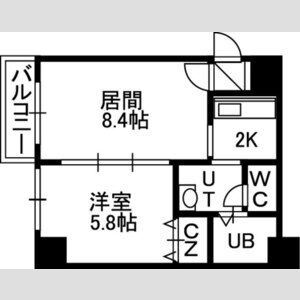 35.28㎡の1LDK。LD8.4帖・K2帖・洋室5.8帖、バルコニー付きです。