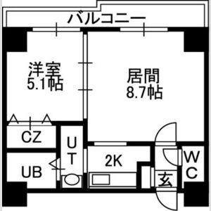 34.77㎡の1LDK。LD8.7帖・K2帖・洋室5.1帖、バルコニー付きです。