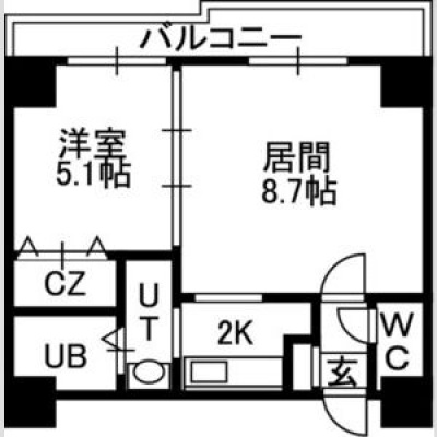 34.77㎡の1LDK。LD8.7帖・K2帖・洋室5.1帖、バルコニー付きです。