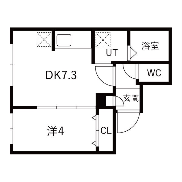DK7.3帖・洋室4帖の1DK。収納付きの間取りです。