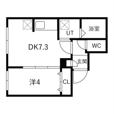 DK7.3帖・洋室4帖の1DK。収納付きの間取りです。