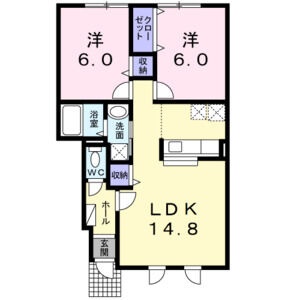 57.22㎡の2LDK。LDK14.8帖、洋室は各6帖です。