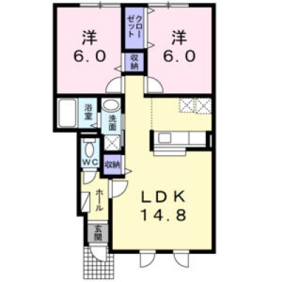 57.22㎡の2LDK。LDK14.8帖、洋室は各6帖です。