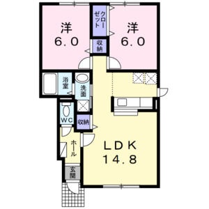 57.22㎡の2LDK。LDK14.8帖と各6帖の洋室です。