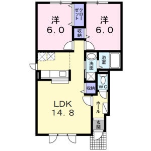 57.22㎡の2LDK。14.8帖LDKと6帖の洋室2部屋、各居室の収納を備えた間取りです。