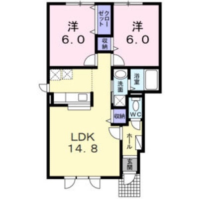 57.22㎡の2LDK。14.8帖LDKと6帖の洋室2部屋、各居室の収納を備えた間取りです。