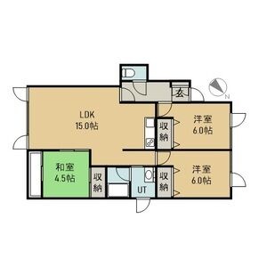 77.1㎡の3LDK。LDK15帖・和室4.5帖・洋室6帖が2室です。