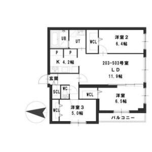 74.25㎡の3LDK。洋室6.5帖・6.4帖・5帖を備えています。
