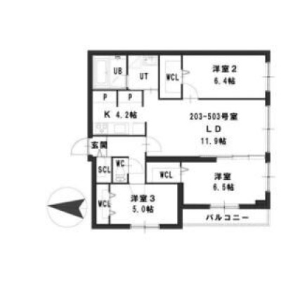 74.25㎡の3LDK。洋室6.5帖・6.4帖・5帖を備えています。