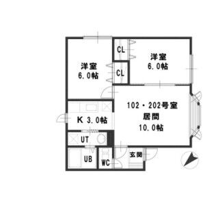 202号室は51.43㎡の2LDK。居間10帖・キッチン3帖・洋室6帖が2部屋。各洋室に収納があります。