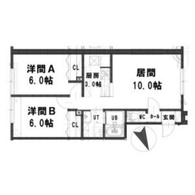 202号室は54.9㎡の2LDK。LD10帖・K3帖・洋室6帖が2部屋で、各洋室に収納があります。