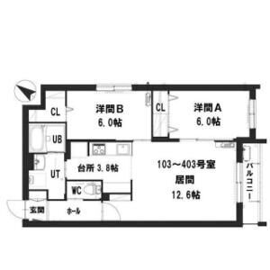 303号室に対応する2LDKの間取り。LD12.6帖・K3.8帖、洋室は各6帖。