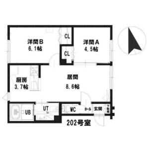 202号室の2LDK。LD8.6帖・K3.7帖、洋室4.5帖と6.1帖の間取り。