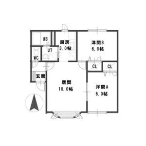 51.44㎡の2LDK。居間10帖・K3帖、洋室6帖が2室の間取りです。