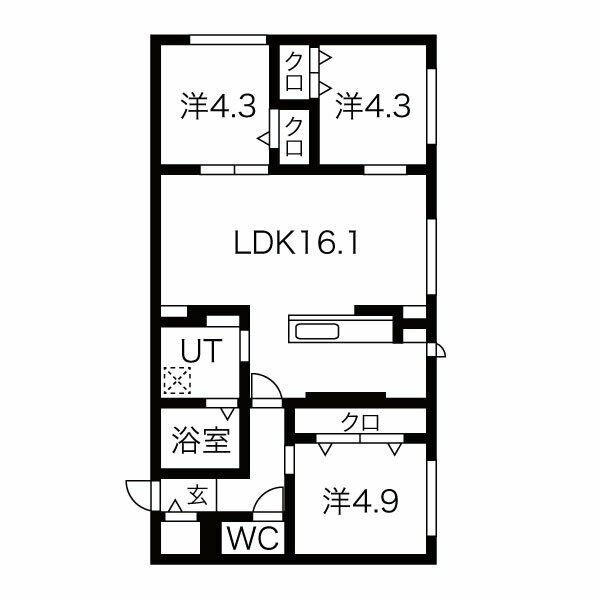 65.26㎡の3LDK。LDK16.1帖、洋室4.9帖・4.3帖・4.3帖