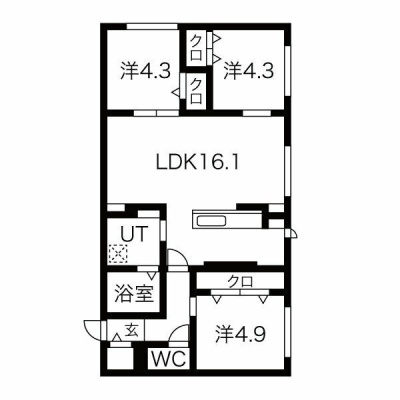 65.26㎡の3LDK。LDK16.1帖、洋室4.9帖・4.3帖・4.3帖